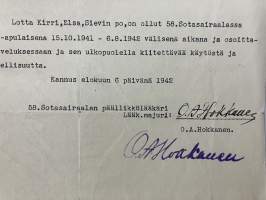 Lotta Elsa Kirri, Sievin paikallisosasto, ollut 58. Sotasairaalassa kansliapaulaisena.. -palvelustodistus, allekirjoitus päällikkölääkäri Lääk. majuri O.A. Hokkanen