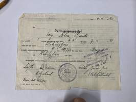 Permissionssedel Serg. Guido Alm... 7.11.1941 Borgå till Helsingfors tur och retur -lomatodistus