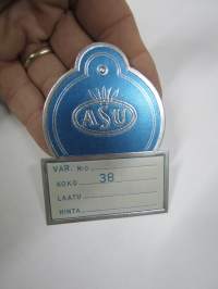 Asu -hintalappu / tuotetietolappu, merkin valmistaja Herman Mattsson Korkokuvapaino & Pussitehdas, Vaasa