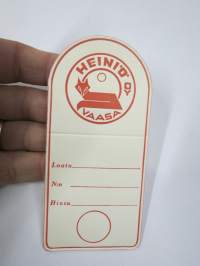 Heiniö Oy - Vaasa -hintalappu / tuotetietolappu, merkin valmistaja Herman Mattsson Korkokuvapaino & Pussitehdas, Vaasa