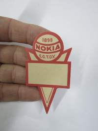 Nokia S.G.T. Oy -hintalappu / tuotetietolappu, merkin valmistaja Herman Mattsson Korkokuvapaino & Pussitehdas, Vaasa