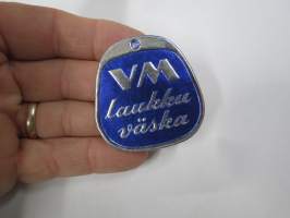 VM laukku - väska -hintalappu / tuotetietolappu, merkin valmistaja Herman Mattsson Korkokuvapaino & Pussitehdas, Vaasa