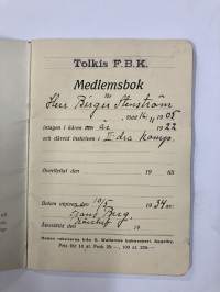 Tolkis FBK Medlemsbok Birger Stenström, boken utgiven 1934 -Tolkkinen Vapaapalokunta, jäsenkirja
