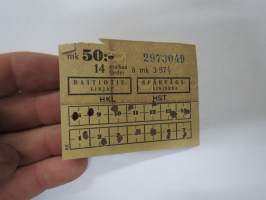 Helsinki / Liikennelaitos / HKL - HST Raitiotielinjat 14 matkaa 50 mk nr 2973049 -matkalippu, monikertakäyttöinen