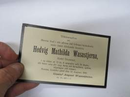 Hedvig Mathilda Wasastjerna, född Donner... råd behagat hädankalla... Nurmo, Loukko Gård den 12 Augusti 1897 -ilmoituskortti kuolemantapauksesta