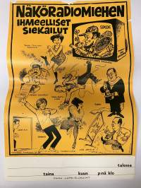 Näköradiomiehen ihmeelliset siekailut, Spede Pasanen, Aarre Elo, Danny, Tamara Lund, Leo Jokela, Simo Salminen, Vesa-Matti Loiri ym. -elokuvajuliste, keltasävyinen