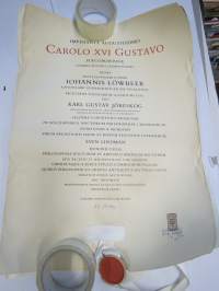 Upsalan yliopiston kunniatohtorin diplomi 1974 - Sven Lindman (Åbo akademi valtiopin professorille myönnetty), tekstissä myös maininta filosofian tohtorin arvosta ym