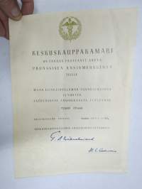 Keskuskauppakamari - Pronssinen ansiomerkki -myöntökirja (saajan nimi retusoitu kuvasta, on OK itse myöntökirjassa