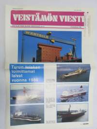 Veistämön viesti - Turun telakan tiedotuslehti nr 22, 18.12.1986 -kansikuvassa Turun telakan toimittamat laivat vuonna 1986, ym.