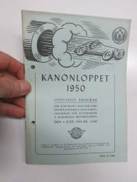 Kanonloppet 1950 Officielt program -käsiohjelma, mm. suomalainen Evert Saloranta Ford V8 -vaunullaan osallistujana