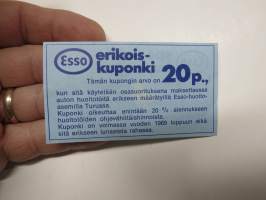 Esso erikoiskuponki 20 penniä oikeuttaa alennukseen huoltotöistä vuoden 1969 loppuun