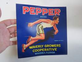 Pepper Brand Waverly Growers Cooperative, Florida -etiketti / hedelmä- / vihanneslaatikon päätypainate