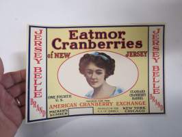 Eatmor Cranberries of New Jersey - Jersey Belle Brand -etiketti / hedelmä- / vihanneslaatikon päätypainate