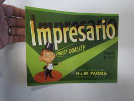 Impresario Brand -etiketti / hedelmä- / vihanneslaatikon päätypainate