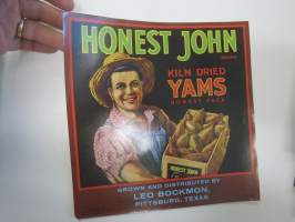 Honest John Kiln Dried Yams -etiketti / hedelmä- / vihanneslaatikon päätypainate