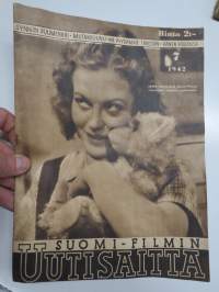 Suomi Filmin Uutisaitta 1942 nr 7, Kansikuva Irma Seikkula - Synnin puumerkki, Rautakruunu, Me pyydämme tanssiin, Hänen poikansa, Filmileirin elämää Urjala, ym.