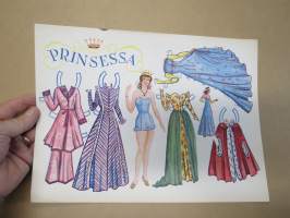 Prinsessa -kartongille painettu paperinukke vaatteineen, 1940 / -50-lukujen vaihteesta?