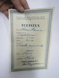 Turun Saippua Oy Turku - Työtodistus 23.9.1950