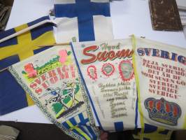 Suomi-Ruotsi yleisurheilumaaottelu 1983 Finnkampen Tukholma / Stockholm -3 kpl erilaisia viirejä ja maitten liput, tuolloin käytössä ollutta rekvisiittaa