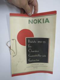 Nokia Prislista 1932-33 För Överskor, Gummitofflor och Galoscher -hinnasto / kuvasto