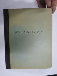 Sotilasmuistoja -käyttämätön 1930-luvun kirja lauluja, vitsejä, huumoria ym. varten, etulehdillä kompassi m/34 esittely, ampumatulokset taulukko