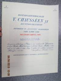 Bostadsaktiebolaget V. Chausséen 31 Asunto-osakeyhtiö, Helsinki 1925, 1 000 mk -osakekirja