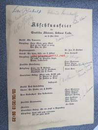 Abschlussfeier der Deutschen Akademie, Lektorat Turku am 11. Mai 1944 -päätösjuhlan ohjelma, allekirjoituksia mm. Astrid Freytag, Kerttu Elima, Estella Pekkola,