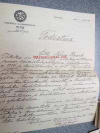 Voimistelu- ja Urheiluseura Visa, Helsinki, Todistus, että Kaarlo Tikka on toiminut mainitun seuran voimistelujohtajana... 27.1.21922 -asiakirja