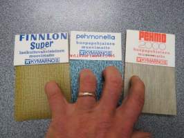 Pehmo 2000 huopapohjainen muovimatto, Pehmonella, huopapohjainen muovimatto, Finnlon Super lasikuituvahvisteinen muovimatto - mallipalat, takana esittelytekstit