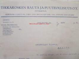 Tikkakosken Rauta ja Puuteollisuus O.Y. Tikkakoski Mars. 1. 1921 -asiakirja