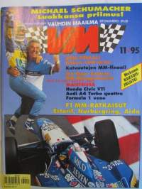Vauhdin Maailma 1995 nr 11 -mm. Formula 1 Estoril, Nurburgring, Aida, DTM-päätös Hockenhim, Junnut 95/96, F-cup ja naiset, Peurunkaralli, F2 ralli-MM San Remo,