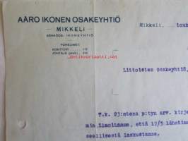Aaro Ikonen Osakeyhtiö, Mikkeli toukokuun 26. 1922 - asiakirja