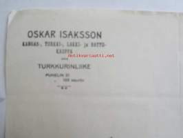 Oscar Isaksson Kangas-turkki-lakki-hattukauppa, Hämeenlinna lokakuun 11. 1922. -asiakirja