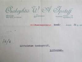 Osakeyhtiö W. A. Ipatoff, Joensuussa kesäkuun 21. 1922. -asiakirja