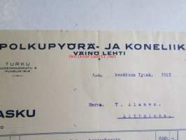 Polkupyörä- ja koneliike Väinö Lehti, kesäkuun 1. 1921. - asiakirja