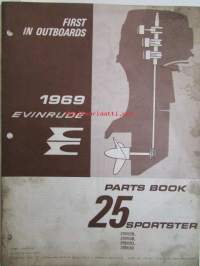 Evinrude 1969 Parts book 25 Sporster  (First in outboards), katso tarkemmat mallimerkinnät kuvista.