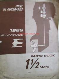 Evinrude 1969 Parts book 1 1/2 Mate  (First in outboards), katso tarkemmat mallimerkinnät kuvista.
